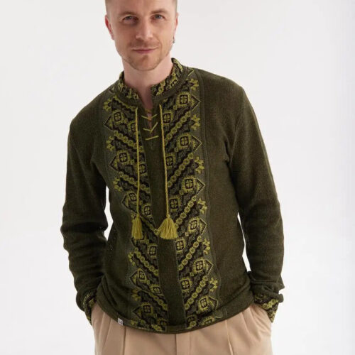 Men’s Cotton Linen T-Shirt Traditional Ukrainian Vyshyvanka Embroidery Green Rue