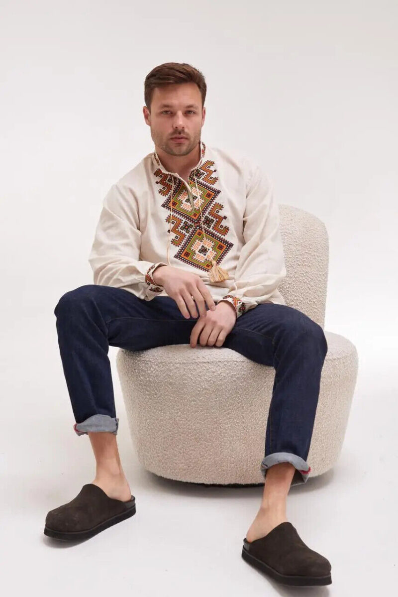 Men’s Cotton Shirt Traditional Ukrainian Vyshyvanka Embroidery Svyatoslav beige - Image 2