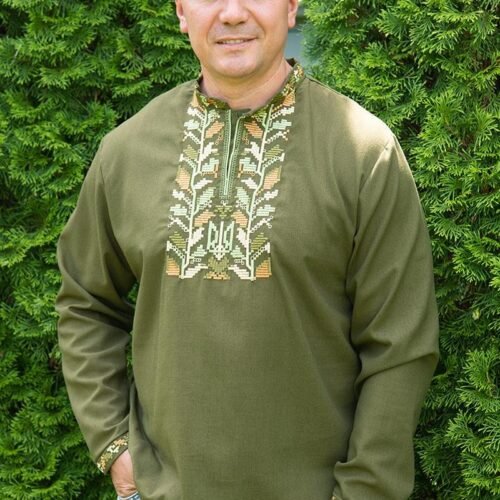 "The Guardian Trident" Men’s Linen Shirt Embroidery - Tactical Style (Long Sleeve)