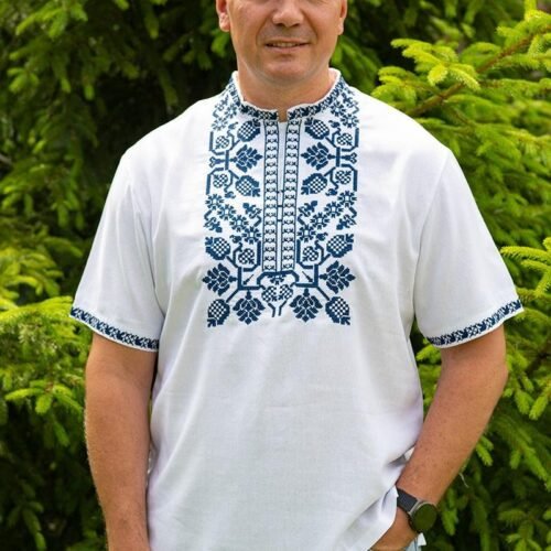 "Azure Heritage" Men’s Linen Shirt Embroidery - Podillia Style (Short Sleeve)