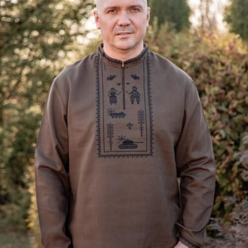 "Iron Oak" Men’s Linen Shirt Embroidery - Modern Ethno (Long Sleeve)