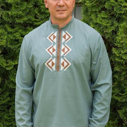 "Mountain Peaks" Men’s Linen Shirt Embroidery - Western Style (Long Sleeve)