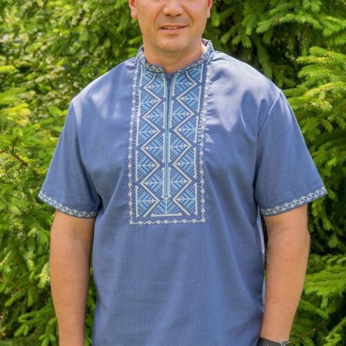 "Geometric Storm" Men’s Linen Shirt Embroidery - Podillia Style (Short Sleeve)