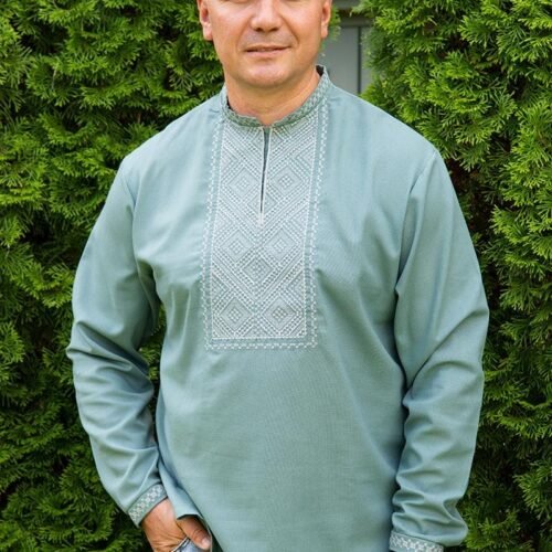 "Diamond Grace" Men’s Linen Shirt Embroidery - Poltava Style (Long Sleeve)
