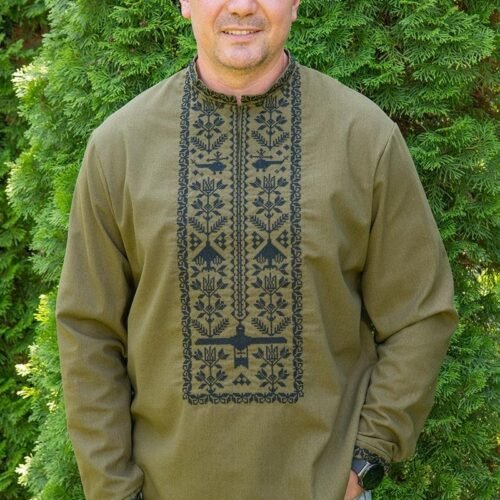 "Air Guardian" Men’s Linen Shirt Embroidery - Modern Ethno (Long Sleeve)