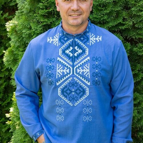 "Ancient Star" Men’s Linen Shirt Embroidery - Polissya Style (Long Sleeve)