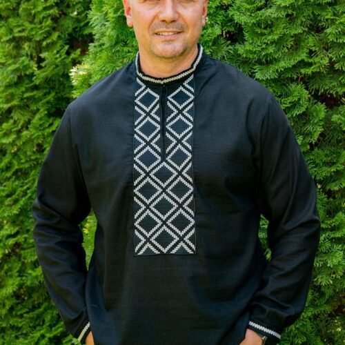 "Strength Chain" Men’s Linen Shirt Embroidery - Geometric Style (Long Sleeve)