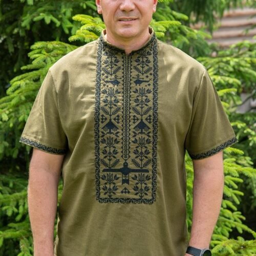 “Air Guardian” Men’s Linen Shirt Embroidery – Modern Ethno (Short Sleeve)
