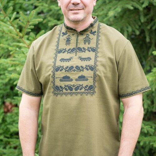“Iron Oak” Men’s Linen Shirt Embroidery – Modern Ethno (Short Sleeve)