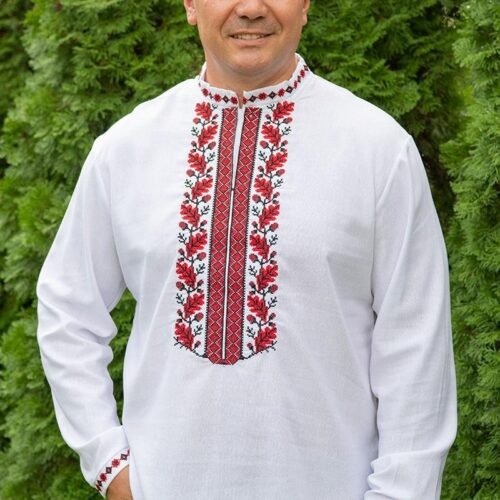 “Sacred Oak” Men’s Linen Shirt Embroidery - Forest Ethno Style (Long Sleeve)
