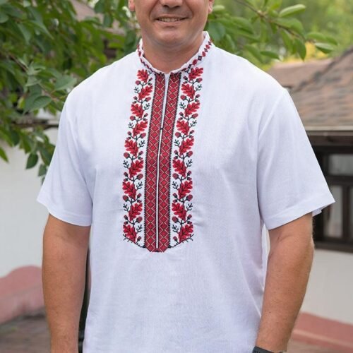 “Sacred Oak” Men’s Linen Shirt Embroidery - Forest Ethno Style (Short Sleeve)