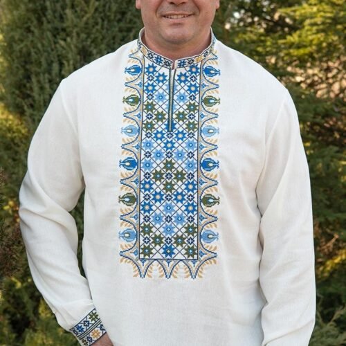 “Azure Bloom” Men’s Linen Shirt Embroidery - Podillia Style (Long Sleeve)