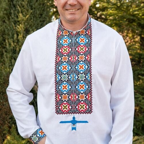 “Rainbow Stars” Men’s Linen Shirt Embroidery - Hutsul Style (Long Sleeve)