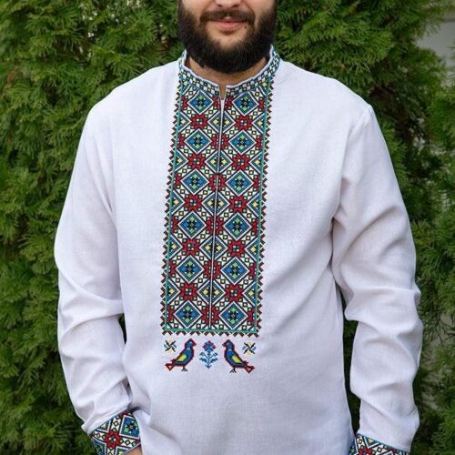 “Emerald Peak” Men’s Linen Shirt Embroidery - Carpathian Style (Long Sleeve)