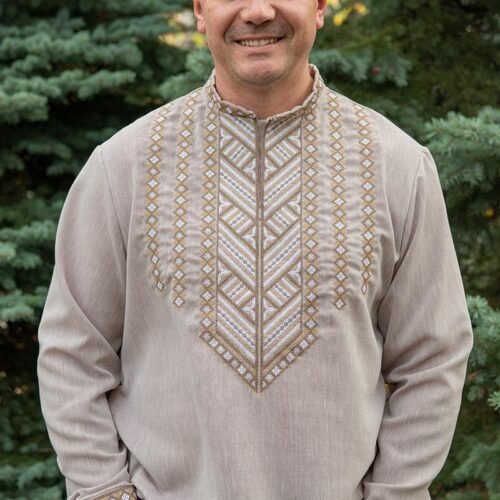 “Golden Sands” Men’s Linen Shirt Embroidery - Sloboda Style (Long Sleeve)