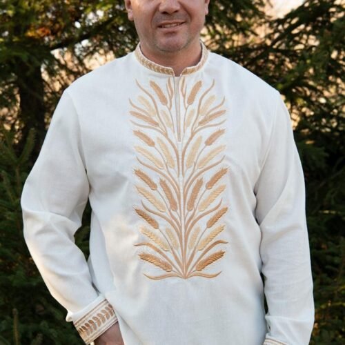 “Golden Wheat” Men’s Linen Shirt Embroidery - Ethno Style (Long Sleeve)