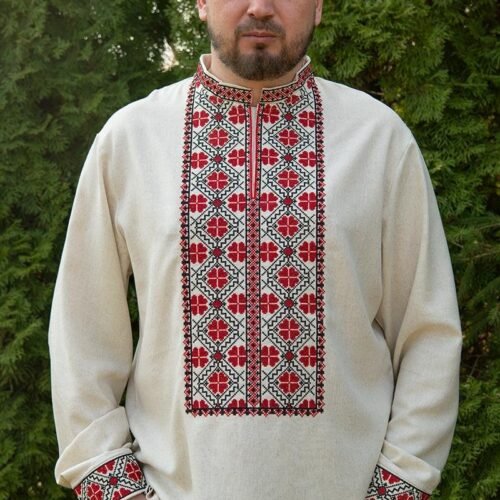 “Crimson Clover” Men’s Linen Shirt Embroidery - Traditional Style (Long Sleeve)