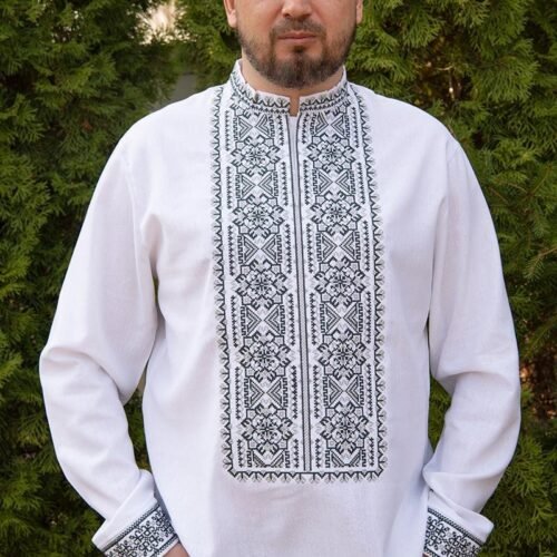 “Silver Lace” Men’s Linen Shirt Embroidery - Podillia Style (Long Sleeve)