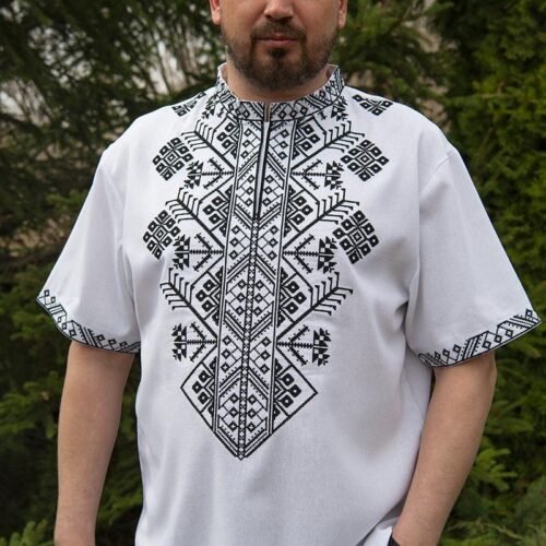 “Night Watch” Men’s Linen Shirt Embroidery - Modern Ethno (Short Sleeve)
