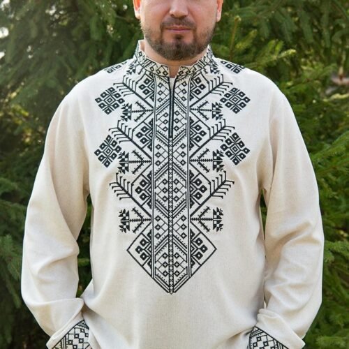 “Night Watch” Men’s Linen Shirt Embroidery - Modern Ethno (Long Sleeve)