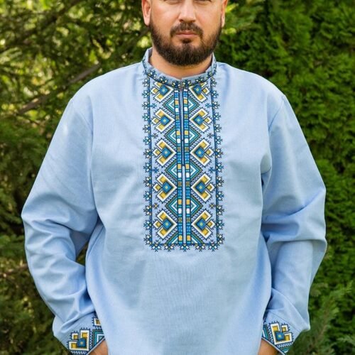 “Summer Sky” Men’s Linen Shirt Embroidery - Carpathian Style (Long Sleeve)