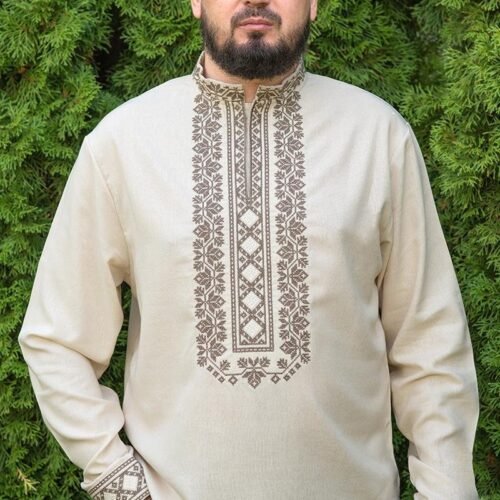 “Grain of Life” Men’s Linen Shirt Embroidery - Polissya Heritage (Long Sleeve)