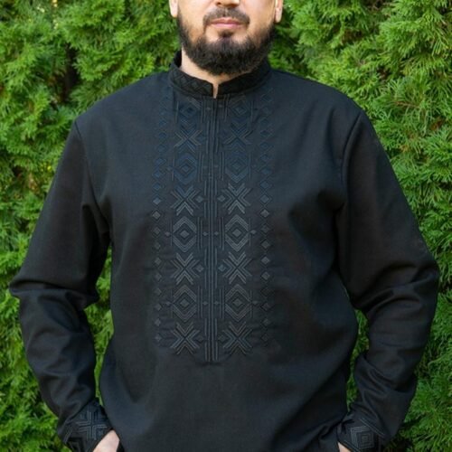 “Night Shadow” Men’s Linen Shirt Embroidery - Contemporary Minimalist (Long Sleeve)