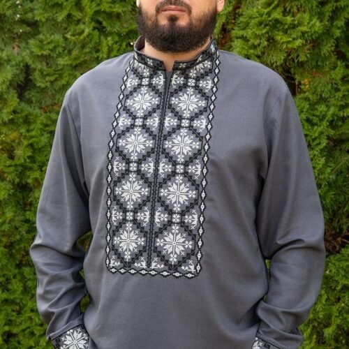 “Steel Bloom” Men’s Linen Shirt Embroidery - Podillia Style (Long Sleeve)