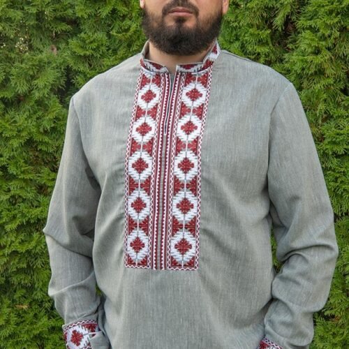 “Ancestral Flame” Men’s Linen Shirt Embroidery - Volyn Heritage (Long Sleeve)