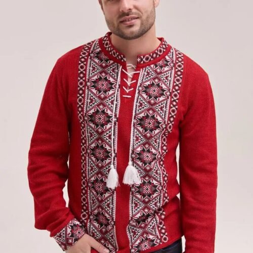 “Crimson Heritage” Men’s Cotton Blend Embroidered Jumper - Podillia Style (Long Sleeve)