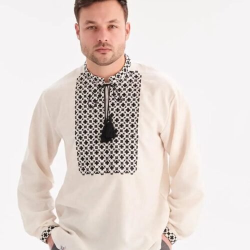 “Echo of Stone” Men’s Cotton Shirt Embroidery - Minimalism Style (Long Sleeve)