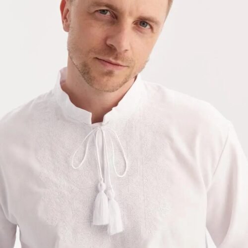 “White Frost” Men’s Cotton Blend Shirt Embroidery - Polissya Style (Long Sleeve)