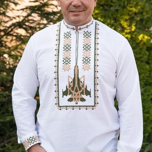 “Ghost of Kyiv” Men’s Linen Shirt Embroidery - Modern Military Style (Long Sleeve))