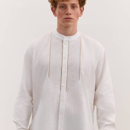 “Golden Sand” Men’s Cotton Blend Shirt Embroidery - Contemporary Style (Long Sleeve)