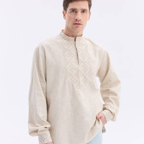 “Sandstone Harmony” Men’s Cotton Blend Shirt Embroidery - Podillia Style (Long Sleeve)