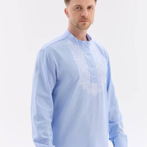 “Azure Whisper” Men’s Cotton Shirt Embroidery - Podillia Style (Long Sleeve)