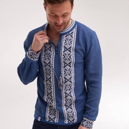 “Indigo Wave” Men’s Cotton Blend Embroidered Jumper - Podillia Style (Long Sleeve)