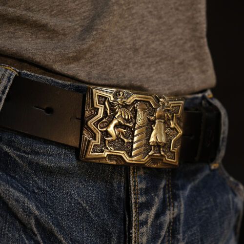 Belt Stainless Steel Genuine Leather Ukrainian Cossack Lion Black/Brown