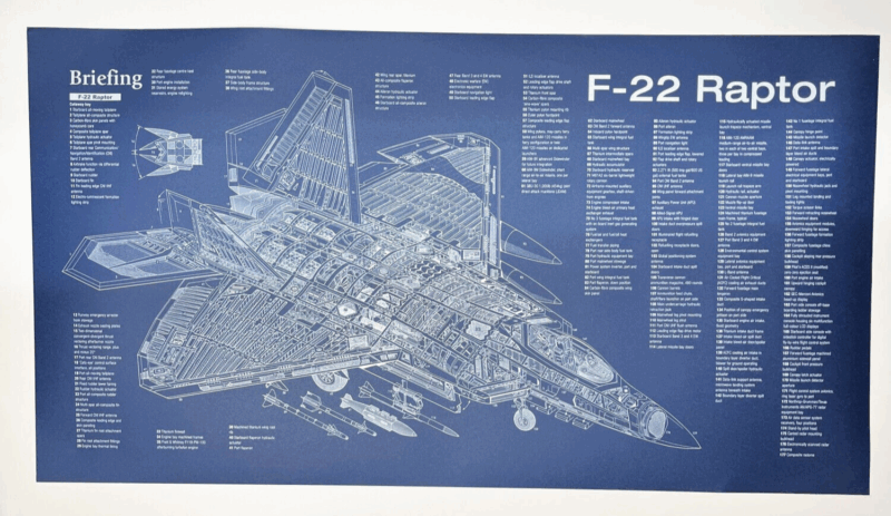 Poster F-22 Raptor Blueprint. Thick blue paper