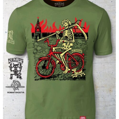 Man's T-shirt Peklo HELL Skeleton cyclist. War in Ukraine Patriotic