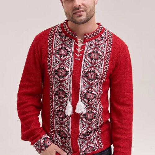 Men’s Cotton Linen T-Shirt Traditional Ukrainian Vyshyvanka Embroidery Red Rue