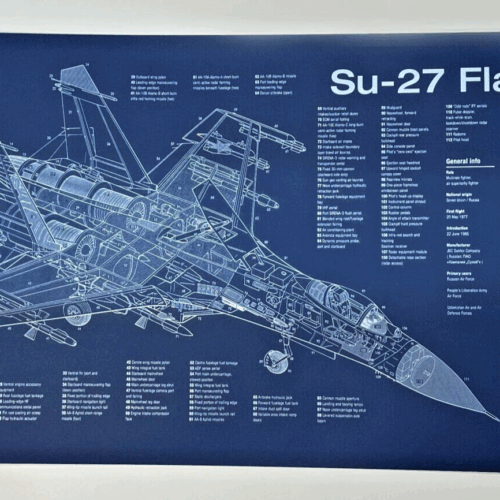 Poster Su-27 Flanker Blueprint. Thick blue paper