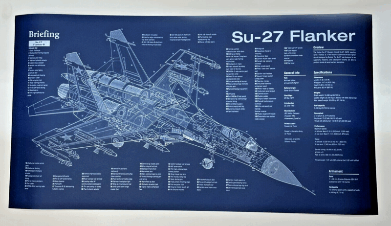 Poster Su-27 Flanker Blueprint. Thick blue paper