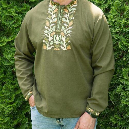 Men’s Khaki Linen Shirt ZELENSKYY Ukrainian Vyshyvanka Embroidery