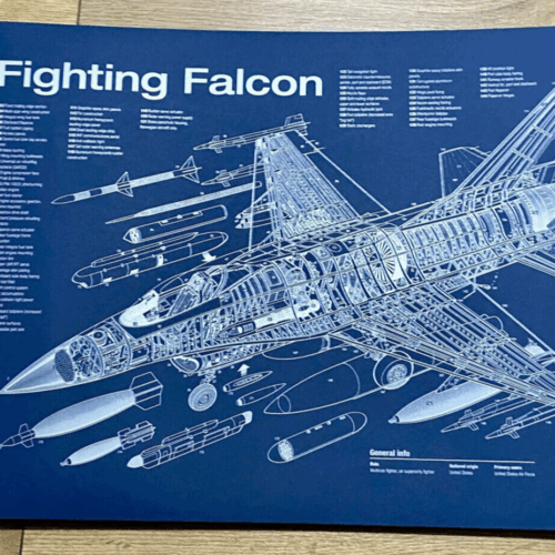 Poster F-16A Fighting Falcon  Blueprint. Thick blue paper