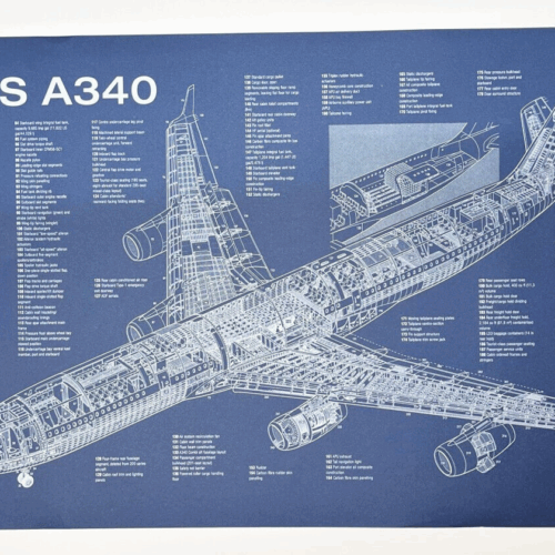 Poster Airbus A340 Blueprint. Thick blue paper