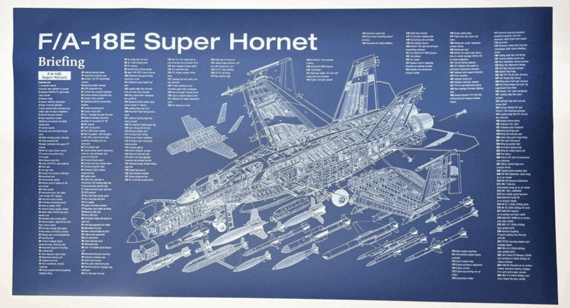 Poster F/A-18E Super Hornet Blueprint. Thick blue paper