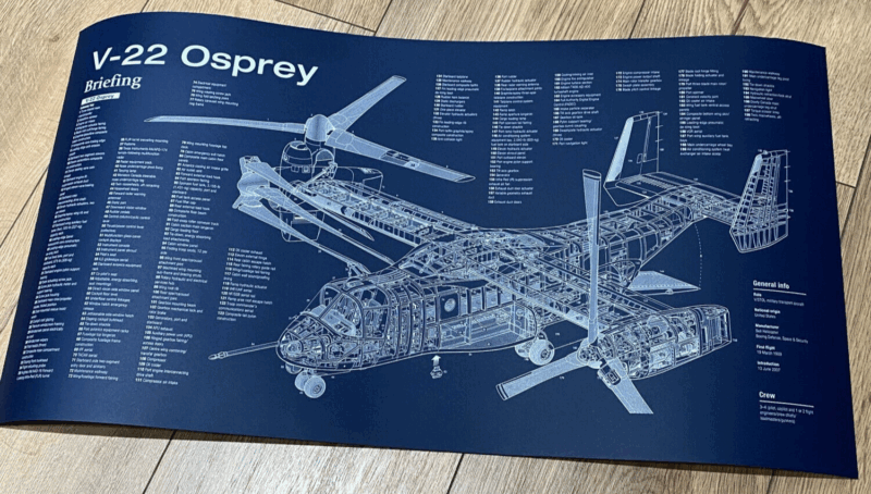 Poster V-22 Osprey Blueprint. Thick blue paper