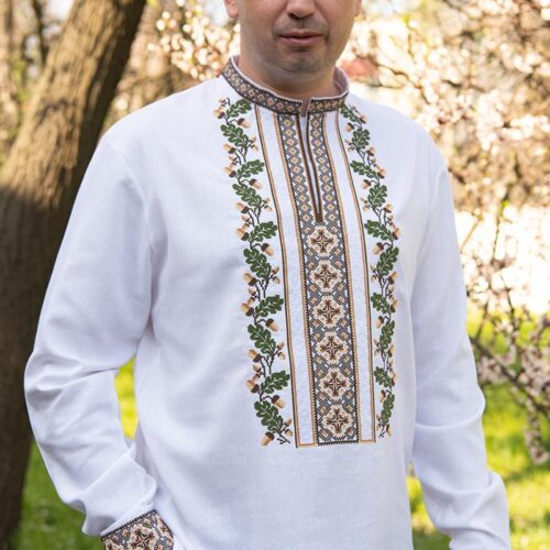 Men’s white Linen Shirt "Live Oak" Traditional Ukrainian Vyshyvanka Embroidery