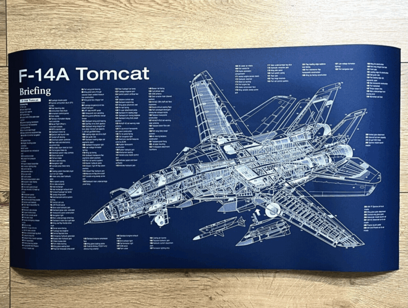 Poster F-14A Tomcat fighter jet Blueprint. Thick blue paper